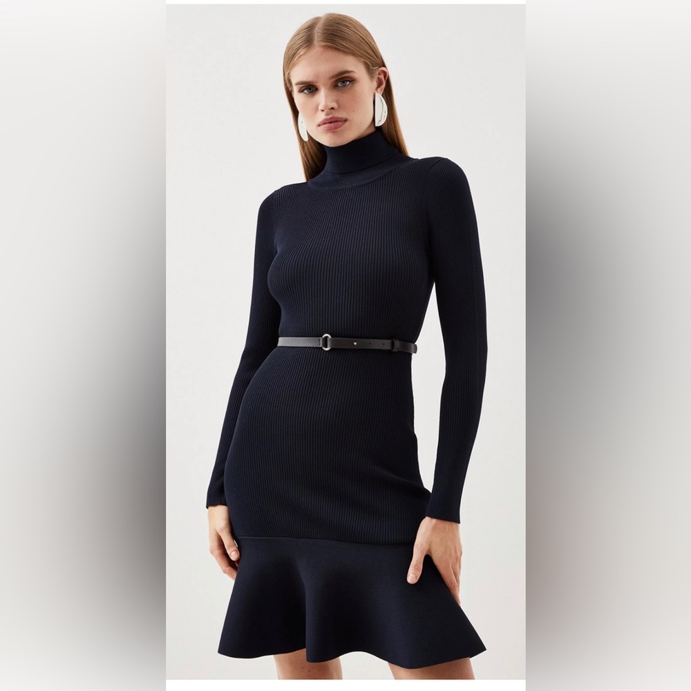 Karen Millen Knitted Turtleneck Belted Flippy Hem Mini Dress